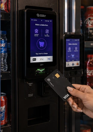 Customer tapping a payment card at a smart vending machine