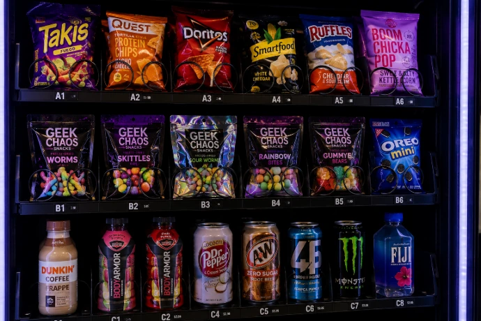 Geek Chaos freeze-dried snacks displayed with premium snacks and beverages