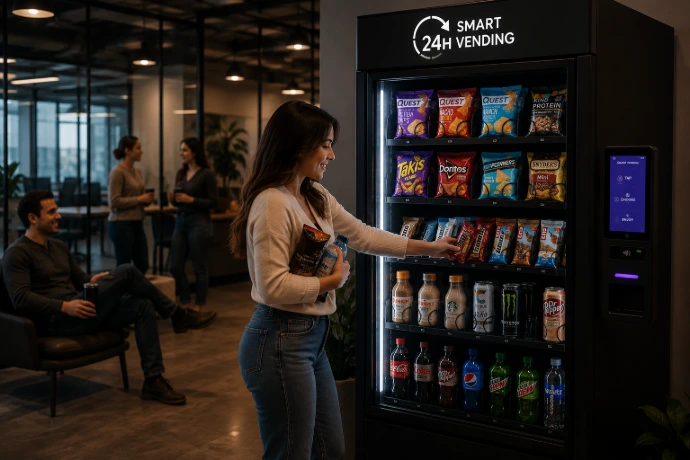 Customer selecting several products from a smart vending machine